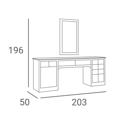 Afmetingen AYALA Classic barberkaptafel – 203 x 196 x 50 cm